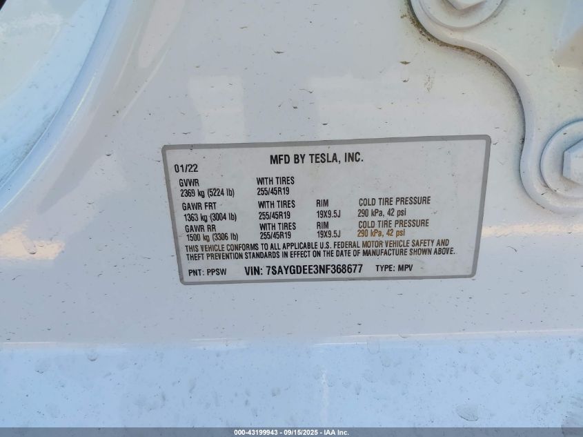 2022 Tesla Model Y Long Range Dual Motor All-Wheel Drive VIN: 7SAYGDEE3NF368677 Lot: 43199943