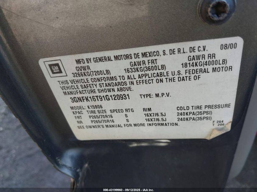 2001 Chevrolet Suburban 1500 Lt VIN: 3GNFK16T91G120931 Lot: 43199960