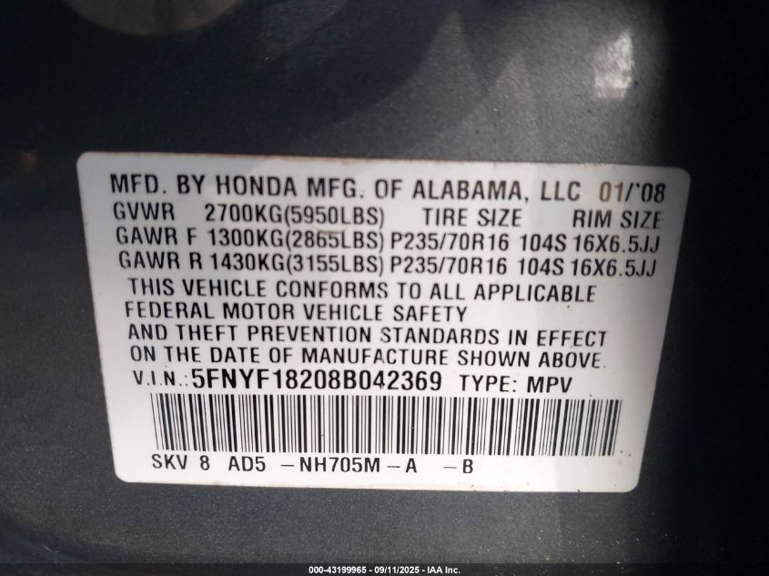 2008 Honda Pilot Vp VIN: 5FNYF18208B042369 Lot: 43199965