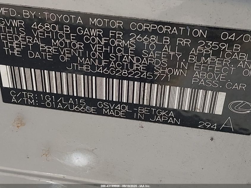 2008 Lexus Es 350 VIN: JTHBJ46G282245771 Lot: 43199986