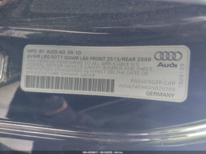 2010 Audi A5 2.0T Premium VIN: WAULFAFH6AN025260 Lot: 43200017