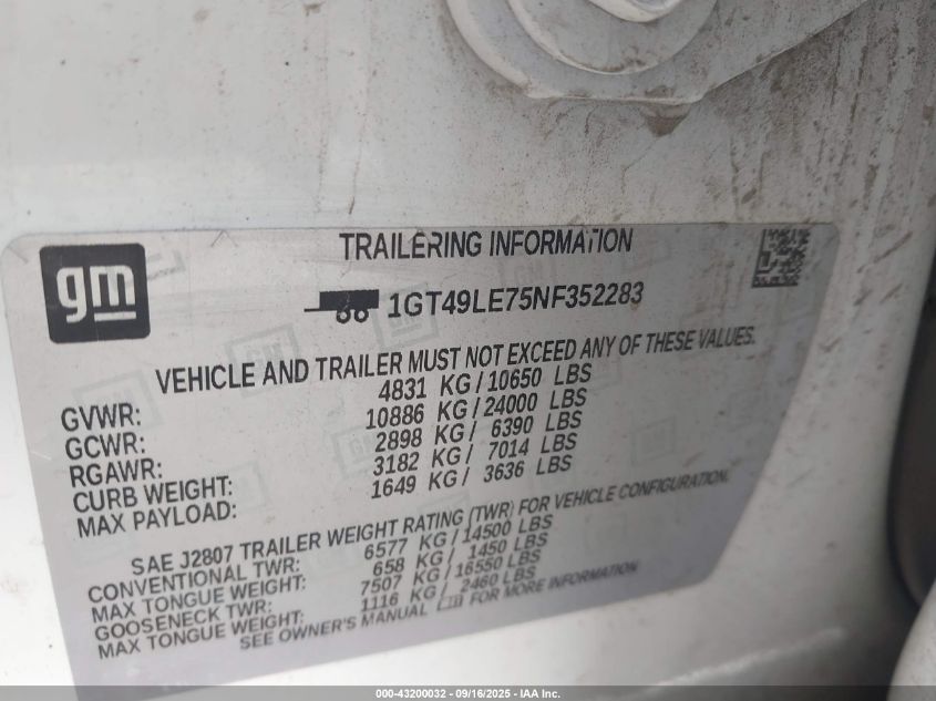 2022 GMC Sierra 2500Hd 4Wd Long Bed Pro VIN: 1GT49LE75NF352283 Lot: 43200032