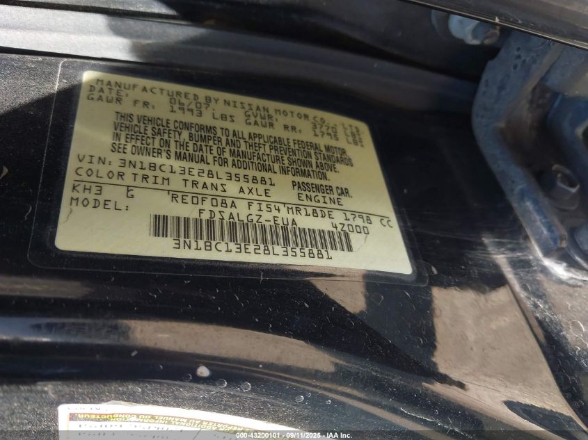 2008 Nissan Versa 1.8Sl VIN: 3N1BC13E28L355881 Lot: 43200101