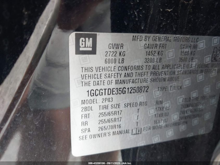 2016 Chevrolet Colorado Z71 VIN: 1GCGTDE35G1250872 Lot: 43200106
