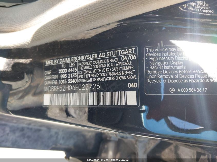 2006 Mercedes-Benz C 230 Sport VIN: WDBRF52H06E022726 Lot: 43200111