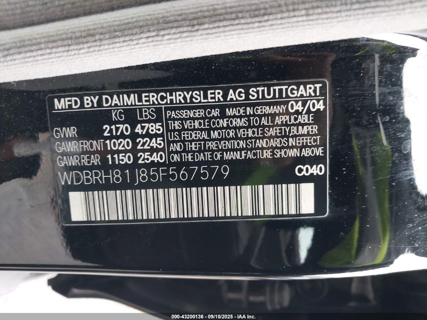 2005 Mercedes-Benz C 240 Luxury 4Matic VIN: WDBRH81J85F567579 Lot: 43200136