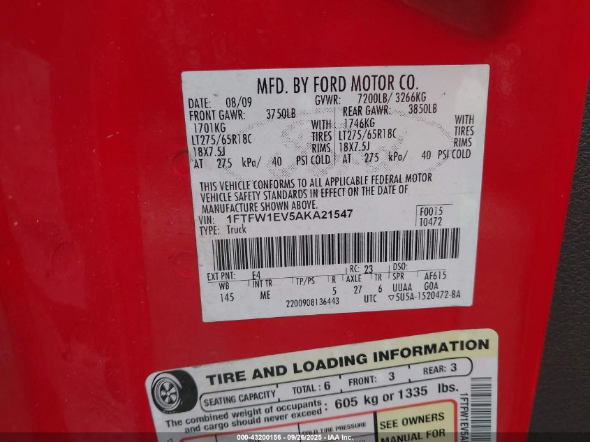 2010 Ford F-150 Fx4/Harley-Davidson/King Ranch/Lariat/Platinum/Xl/Xlt VIN: 1FTFW1EV5AKA21547 Lot: 43200156