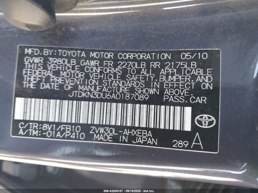 2010 Toyota Prius Ii VIN: JTDKN3DU6A0187089 Lot: 43200187