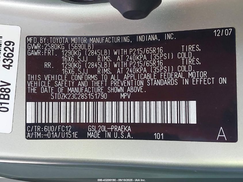 2008 Toyota Sienna Le VIN: 5TDZK23C28S151790 Lot: 43200190