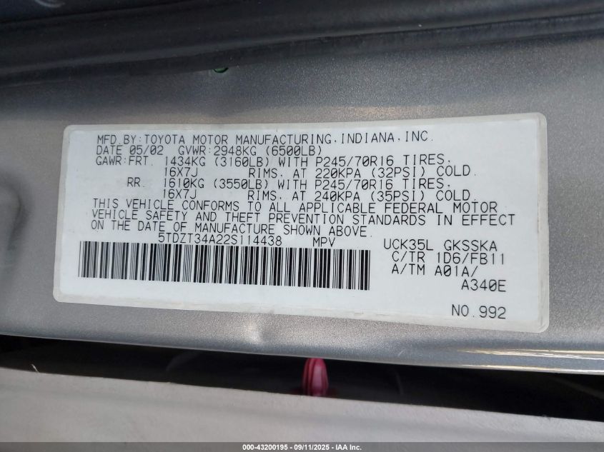 2002 Toyota Sequoia Sr5 V8 VIN: 5TDZT34A22S114438 Lot: 43200195