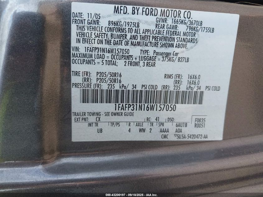 2006 Ford Focus Zx3 VIN: 1FAFP31N16W157050 Lot: 43200197