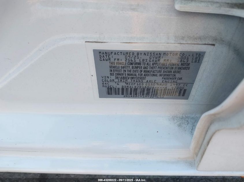 2021 Nissan Sentra Sv Xtronic Cvt VIN: 3N1AB8CV1MY329650 Lot: 43200222