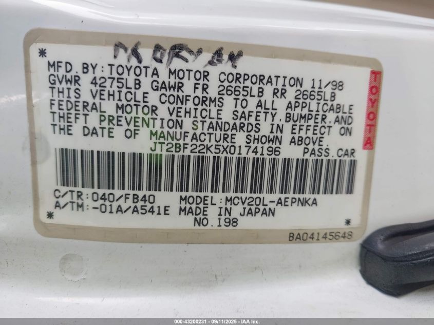 1999 Toyota Camry Le V6 VIN: JT2BF22K5X0174196 Lot: 43200231