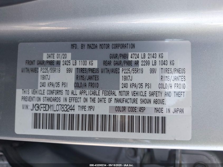 2020 Mazda Cx-5 Grand Touring VIN: JM3KFBDM1L0783244 Lot: 43200234