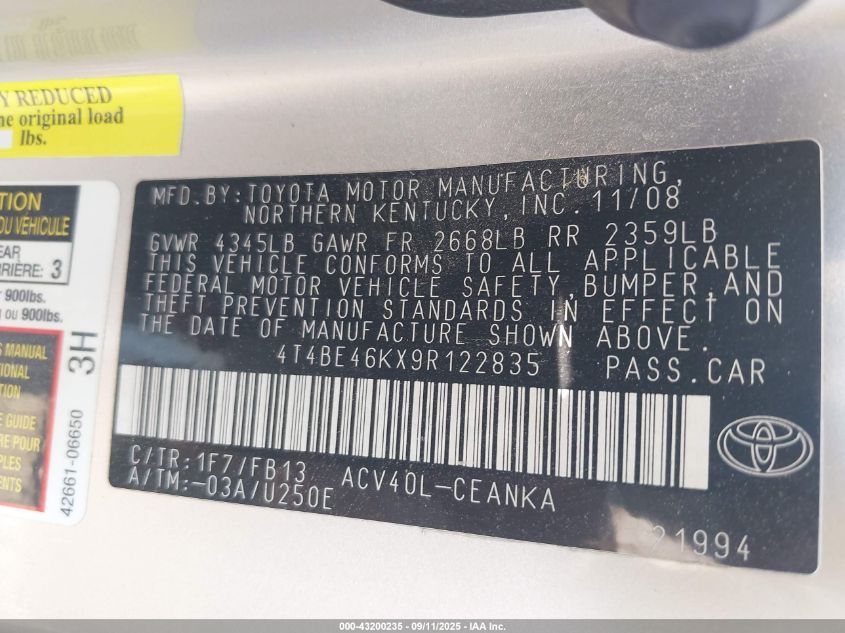 2009 Toyota Camry Le VIN: 4T4BE46KX9R122835 Lot: 43200235