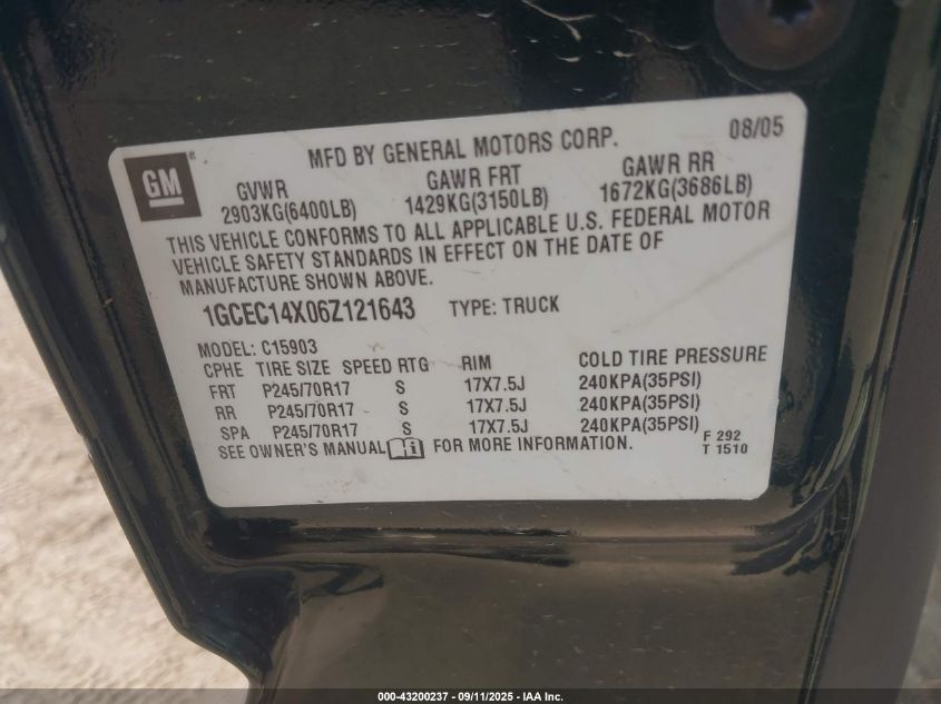 2006 Chevrolet Silverado 1500 Work Truck VIN: 1GCEC14X06Z121643 Lot: 43200237