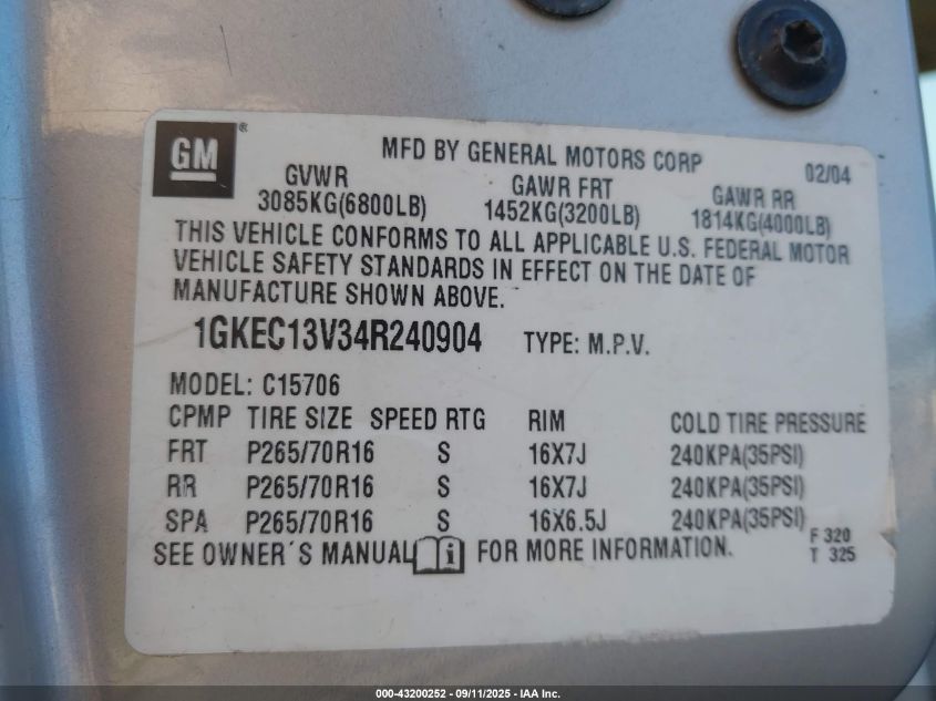 2004 GMC Yukon Sle VIN: 1GKEC13V34R240904 Lot: 43200252