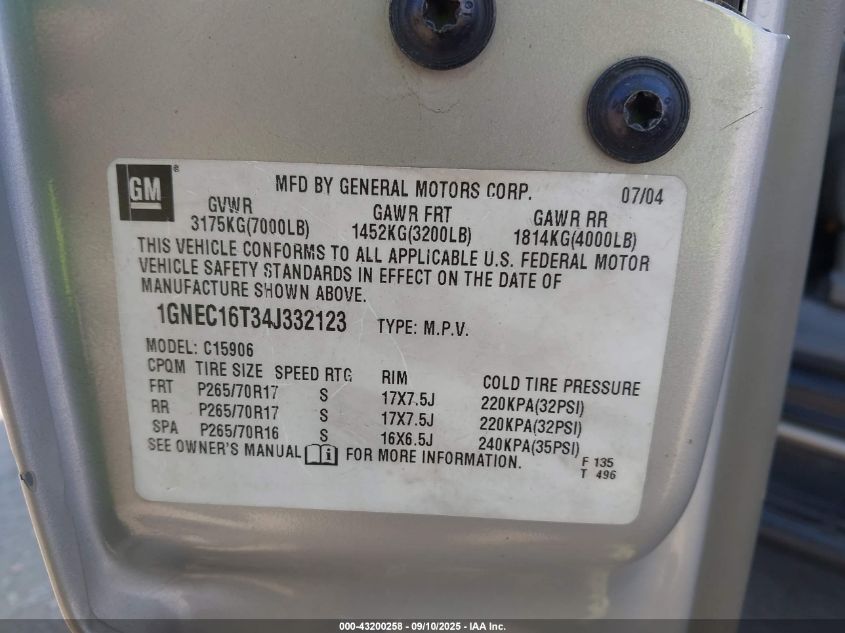 2004 Chevrolet Suburban 1500 Lt VIN: 1GNEC16T34J332123 Lot: 43200258