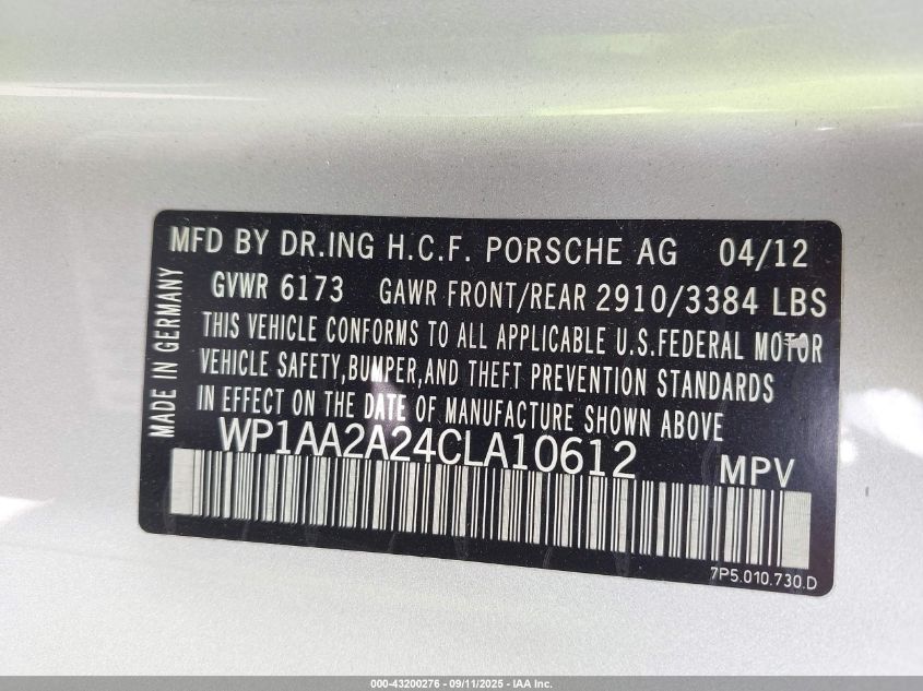 2012 Porsche Cayenne VIN: WP1AA2A24CLA10612 Lot: 43200276