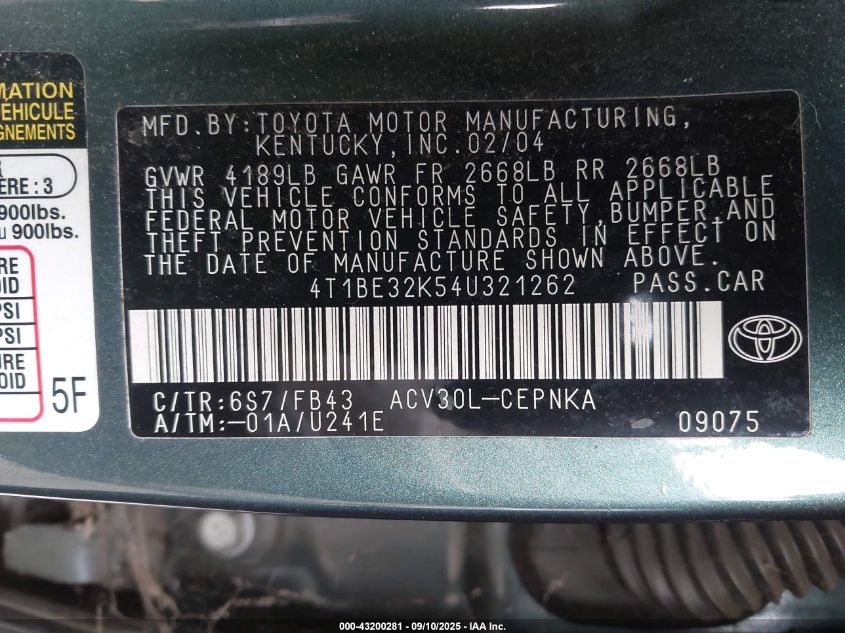 2004 Toyota Camry Le VIN: 4T1BE32K54U321262 Lot: 43200281