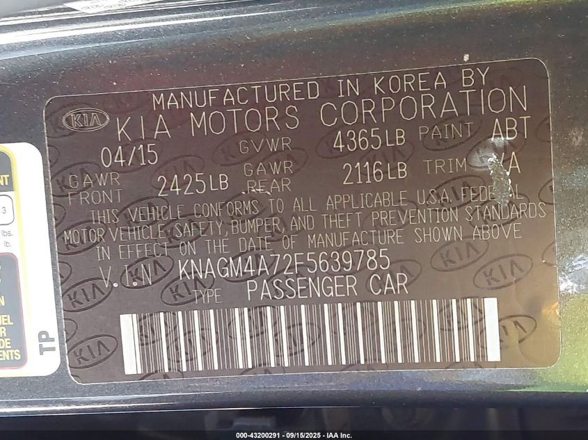 2015 Kia Optima Lx VIN: KNAGM4A72F5639785 Lot: 43200291
