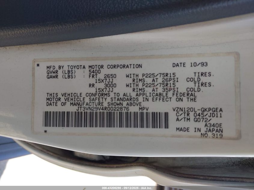 1994 Toyota 4Runner Vn29 Sr5 VIN: JT3VN29V4R0022876 Lot: 43200298