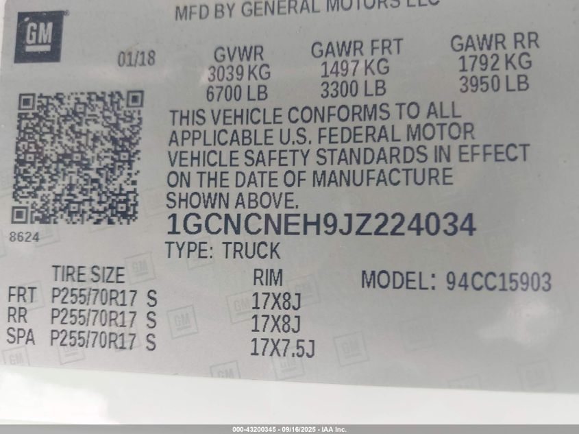 2018 Chevrolet Silverado 1500 Wt VIN: 1GCNCNEH9JZ224034 Lot: 43200345