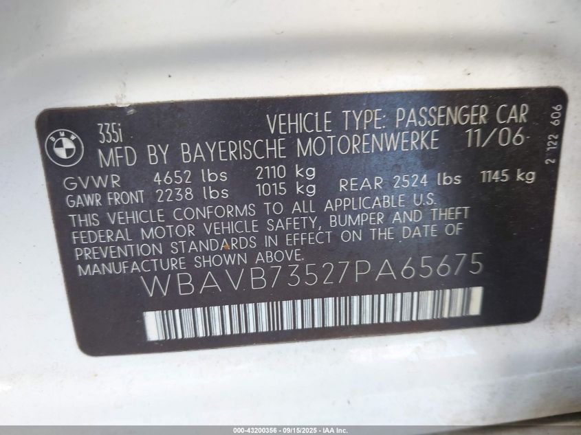 2007 BMW 335I VIN: WBAVB73527PA65675 Lot: 43200356