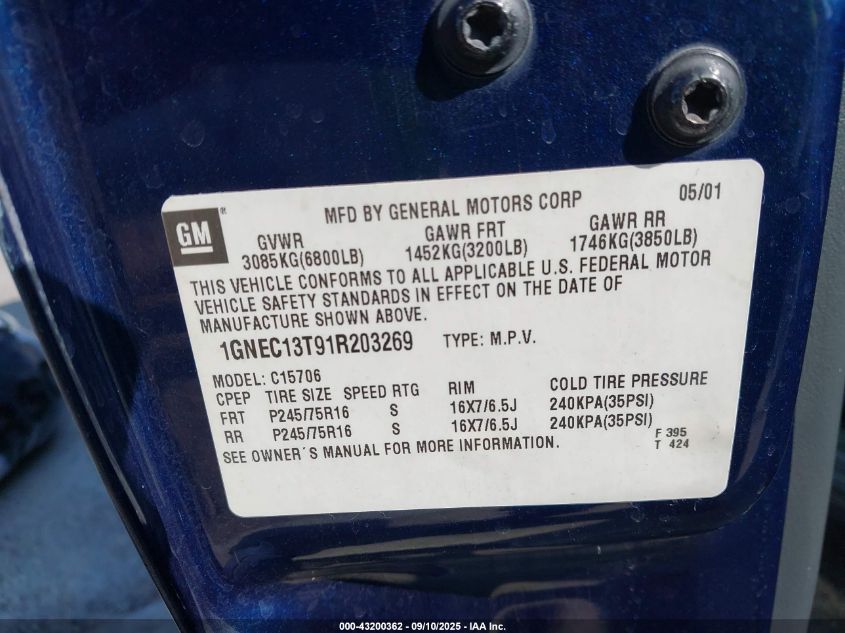 2001 Chevrolet Tahoe Ls VIN: 1GNEC13T91R203269 Lot: 43200362