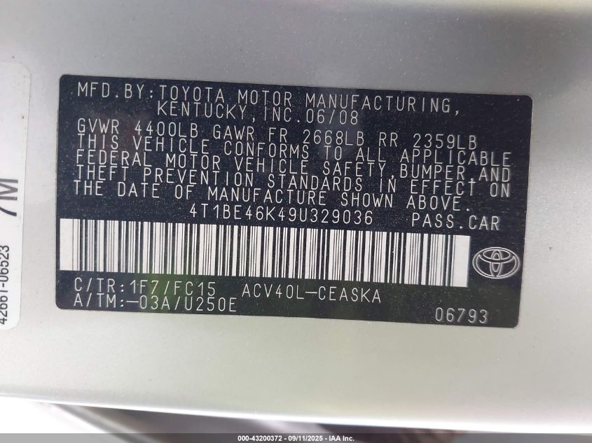 2009 Toyota Camry Se VIN: 4T1BE46K49U329036 Lot: 43200372