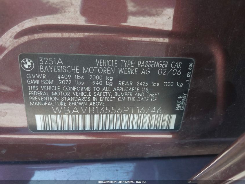 2006 BMW 325I VIN: WBAVB13556PT16746 Lot: 43200381