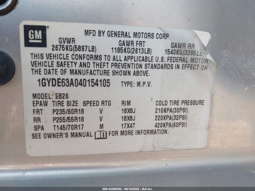 2004 Cadillac Srx V8 VIN: 1GYDE63A040154105 Lot: 43200398