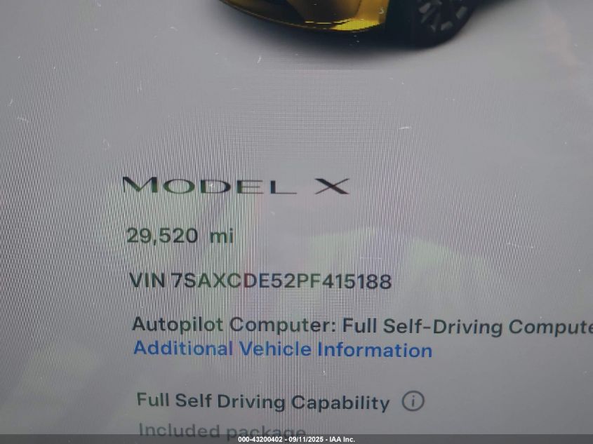 2023 Tesla Model X Dual Motor All-Wheel Drive/Standard Range VIN: 7SAXCDE52PF415188 Lot: 43200402