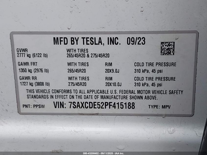 2023 Tesla Model X Dual Motor All-Wheel Drive/Standard Range VIN: 7SAXCDE52PF415188 Lot: 43200402