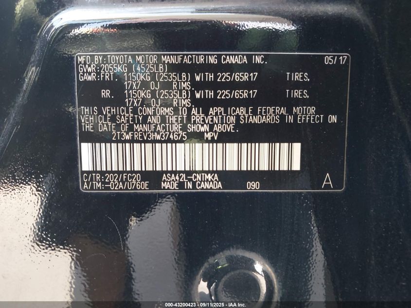 2017 Toyota Rav4 Xle VIN: 2T3WFREV3HW374675 Lot: 43200423