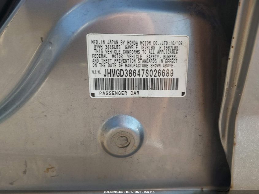 2007 Honda Fit Sport VIN: JHMGD38647S026689 Lot: 43200430