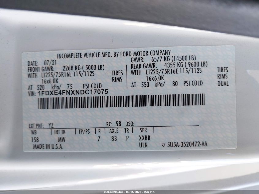 2022 Ford E-450 Cutaway VIN: 1FDXE4FNXNDC17075 Lot: 43200436