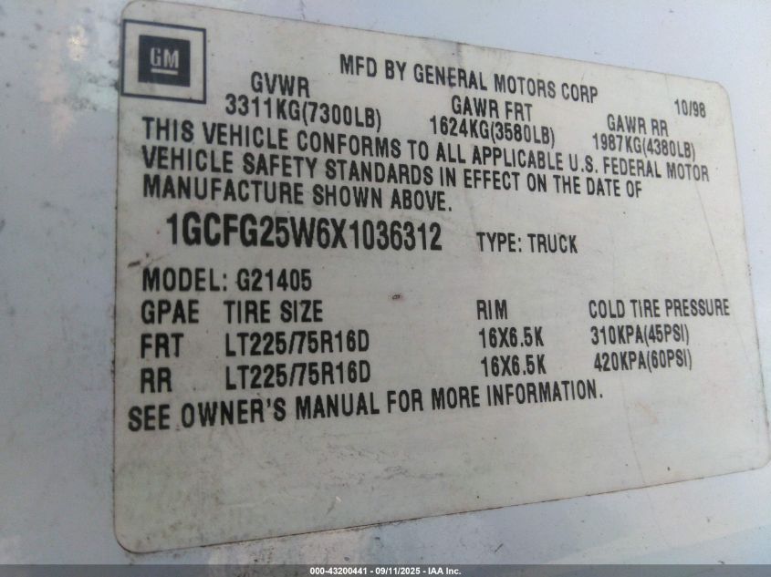 1999 Chevrolet Express VIN: 1GCFG25W6X1036312 Lot: 43200441