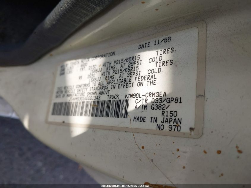 1989 Toyota Pickup 1/2 Ton Ex Long Whlbs Sr5 VIN: JT4VN93G1K0001343 Lot: 43200449