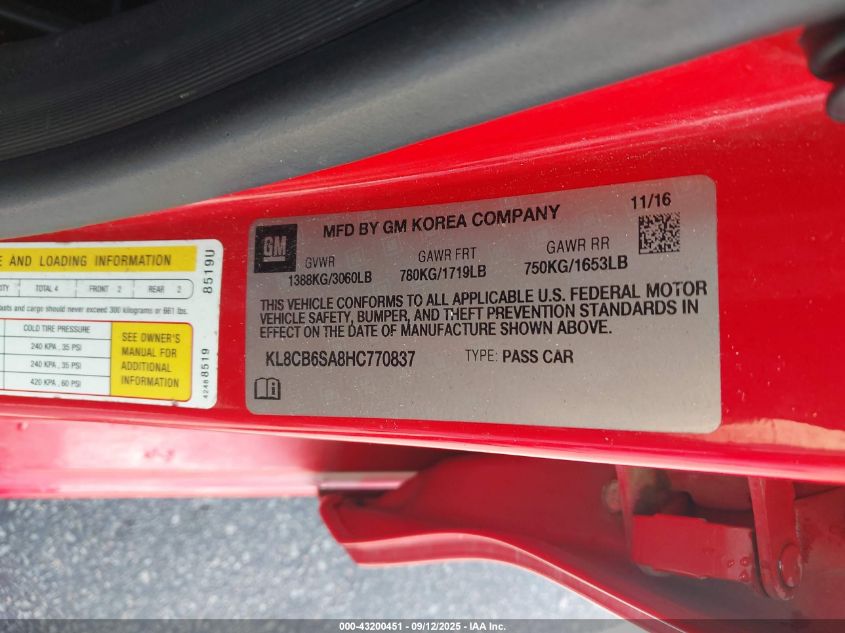 2017 Chevrolet Spark Ls Cvt VIN: KL8CB6SA8HC770837 Lot: 43200451