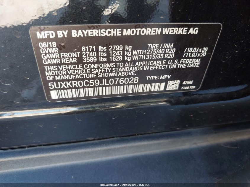 2018 BMW X5 xDrive35I VIN: 5UXKR0C59JL076028 Lot: 43200467