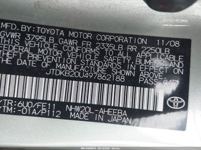 2009 Toyota Prius VIN: JTDKB20U497862188 Lot: 43200475