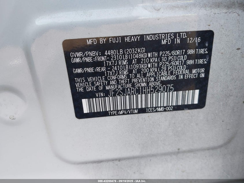 2017 Subaru Forester 2.5 2.5i Limited Other Lot 111043200476 Vin JF2SJARC1HH529075