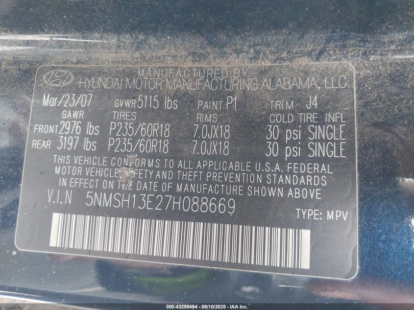 2007 Hyundai Santa Fe Limited/Se VIN: 5NMSH13E27H088669 Lot: 43200494