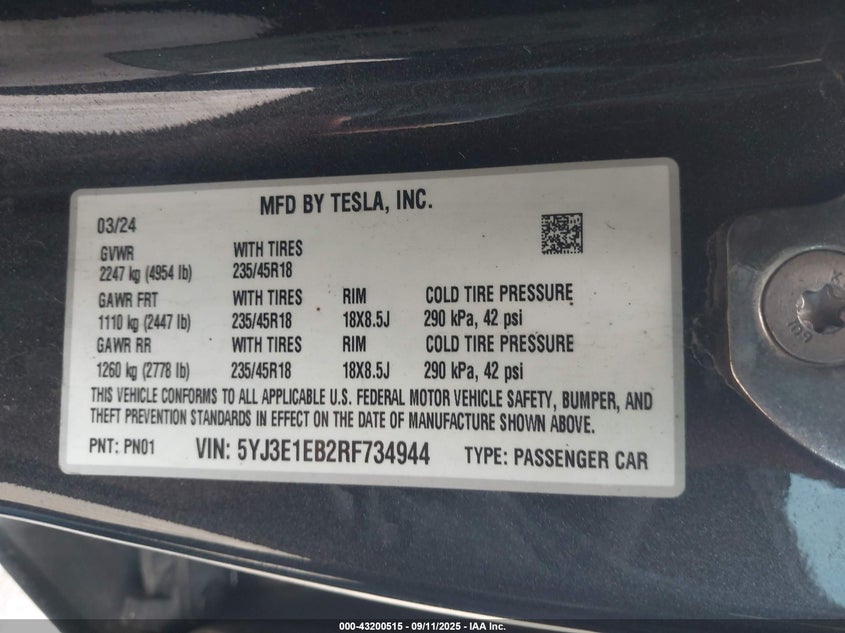2024 Tesla Model 3 Long Range Dual Motor All-Wheel Drive VIN: 5YJ3E1EB2RF734944 Lot: 43200515