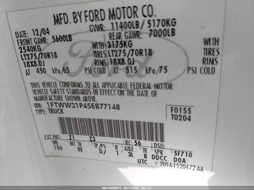 2005 Ford F-350 Lariat/Xl/Xlt VIN: 1FTWW31P45EB77148 Lot: 43200519