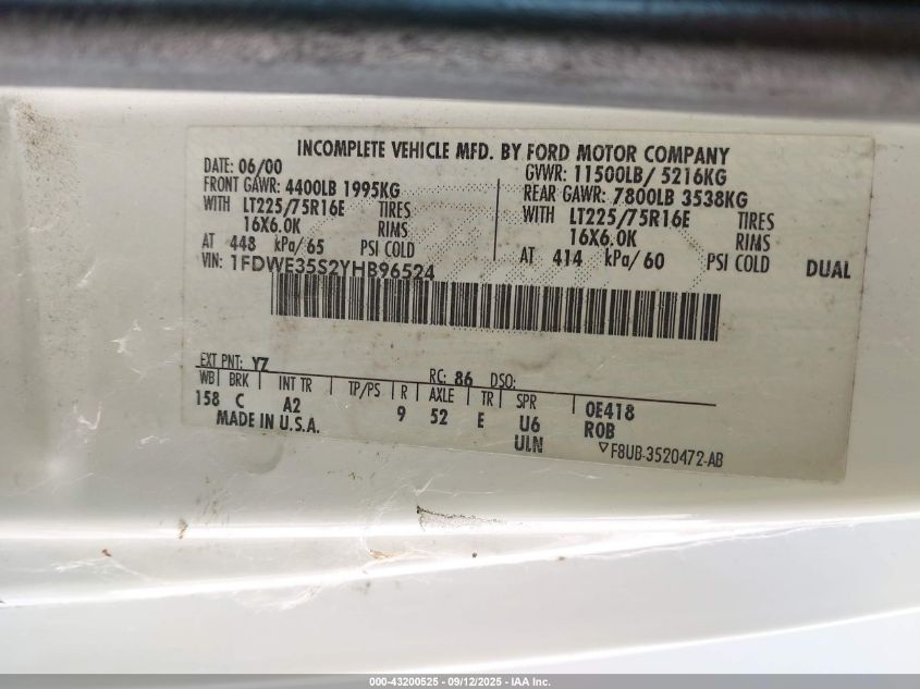 2000 Ford Econoline E350 Super Duty Ctway Van VIN: 1FDWE35S2YH86924 Lot: 43200525