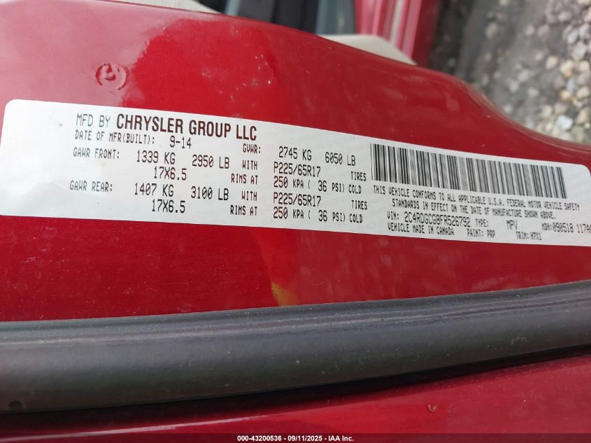 2015 Dodge Grand Caravan Sxt VIN: 2C4RDGCG8FR526792 Lot: 43200536