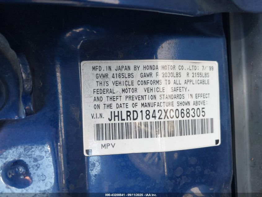 1999 Honda Cr-V Lx VIN: JHLRD1842XC068305 Lot: 43200541