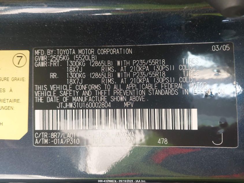 2006 Lexus Rx 400H VIN: JTJHW31U160002804 Lot: 43200574